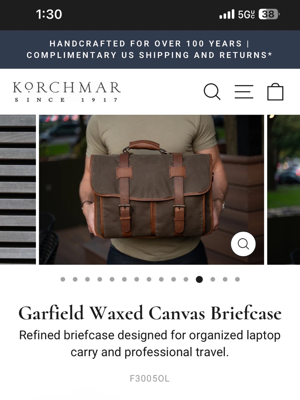 Korchmar “ Garfield” waxed canvas briefcase.